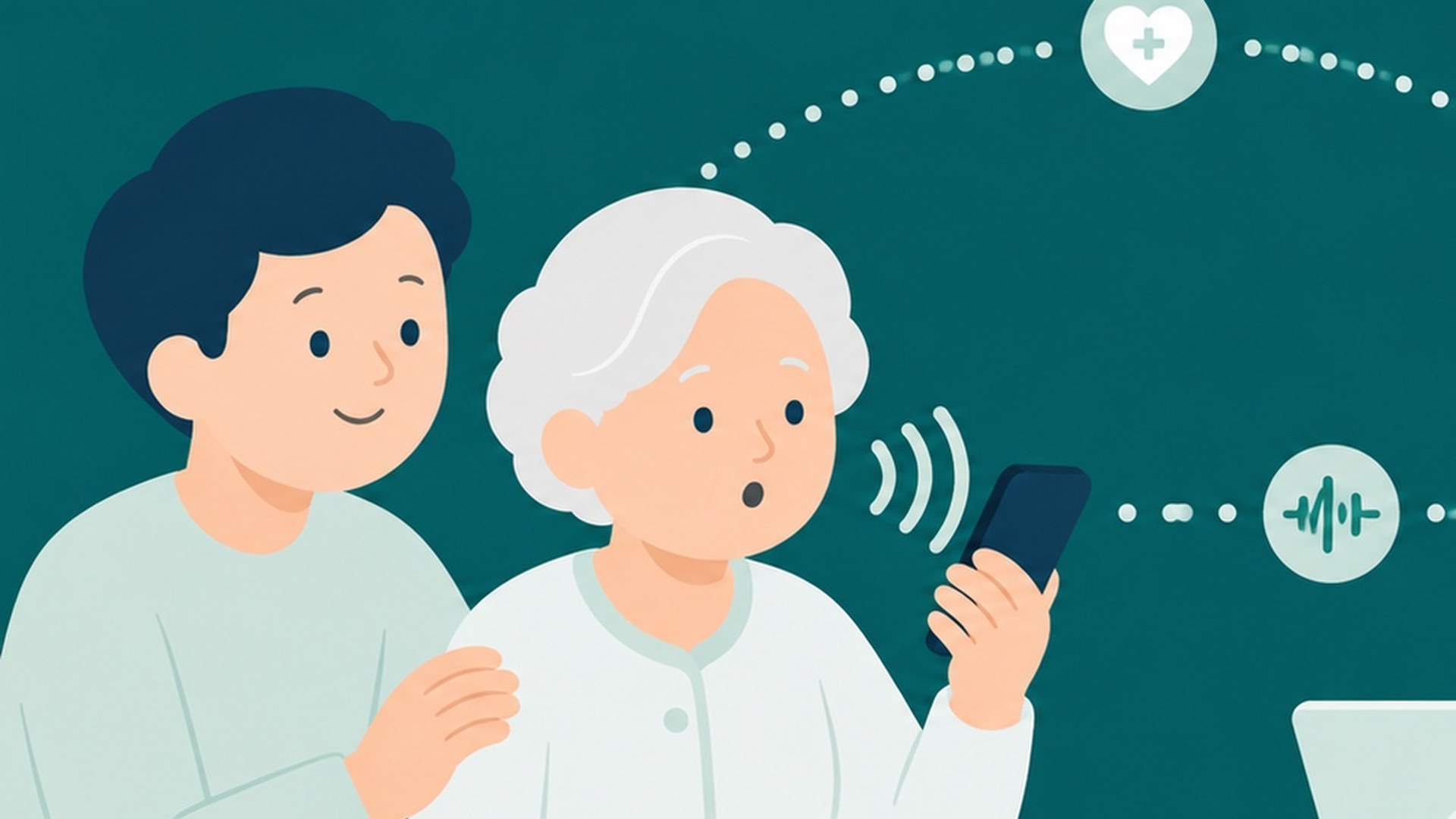 Minh họa: người bệnh lớn tuổi nói vào điện thoại để trả lời, sóng âm lan từ miệng tới máy, người thân đứng ngay bên cạnh.
